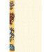 White menu paper with a yellow background and a blue and white fish in a circle and a red and black crab.