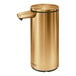 A brass Simplehuman soap dispenser with a black lid.