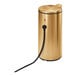 A gold stainless steel Simplehuman soap dispenser with a black cord.