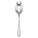 A silver Oneida Ivy Flourish soup/dessert spoon with a floral pattern.