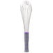 A Vollrath stainless steel piano whisk with a purple nylon handle.