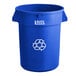 A blue plastic Lavex recycling can with a recycle symbol on it.