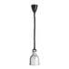 A silver and black ServIt ceiling mount heat lamp with a cord.