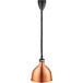 A copper ceiling mount heat lamp with a black retractable cord.