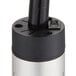 A ServIt ceiling mount heat lamp with a modern chrome finish and black cone shade over a black and silver device.