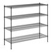 A black wire shelving unit with four shelves.