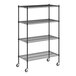 A Regency black wire shelving unit with casters.