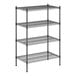 A black wire shelving unit with four shelves.