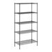 A black wire shelving unit with four shelves.