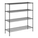 A black wire shelving unit with four shelves.