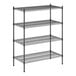 A Regency black metal wire shelving unit with four shelves.