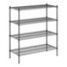 A black wire shelving unit with four metal shelves.