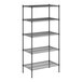 A black wire shelving unit with four shelves.