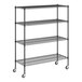 A black metal Regency wire shelving unit with wheels.