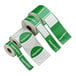 A roll of green TamperSafe labels with customizable white text.