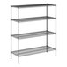 A black wire shelving unit with four shelves.