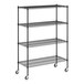 A black wire shelving unit with wheels.