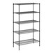 A black wire shelving unit with five shelves and wheels.