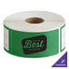 A roll of green TamperSafe labels with white customizable text.