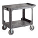 A gray plastic utility cart with wheels.