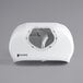 A white plastic San Jamar double roll toilet tissue dispenser with a window.