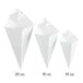A 10 oz. white square cardboard fry cone.