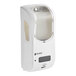 A white San Jamar hand soap, sanitizer, and lotion dispenser with a clear plastic window.