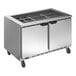 A Beverage-Air stainless steel refrigerated salad bar with two doors on wheels.