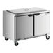 A silver stainless steel Beverage-Air refrigerator on wheels.
