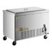 A large stainless steel Beverage-Air refrigerator on wheels.