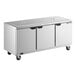 A stainless steel refrigerated salad bar or cold food table with three doors and caster wheels.
