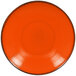 A white porcelain coupe plate with an orange center and black rim.