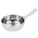A silver Vollrath stainless steel saucier pan with a handle.