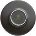 A circular black porcelain saucer with a white rim.