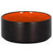 A white bowl with a black and orange rim.
