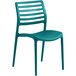 A teal plastic Lancaster Table & Seating Allegro side chair with slats.