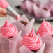 A person using Rich's Pink Buttrcreme Icing in a pastry bag to frost a cupcake.