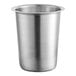 A solid stainless steel flatware holder cylinder.