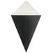 A black and white cardboard triangle with a square bottom.