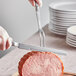 A person using a Choice stainless steel knife to cut meat on a plate.