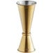 An American Metalcraft gold brushed stainless steel Japanese style jigger with metal base.