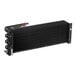 A black metal rectangular evaporator coil with two wires.