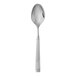 A close up of a Fortessa Doria stainless steel demitasse spoon with a handle.