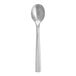 A Fortessa Spada stainless steel demitasse spoon with a silver finish.
