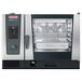 A Rational iCombi Classic liquid propane combi oven with a glass door and a shelf.