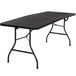 A black rectangular Bridgeport Essentials folding table with a steel frame.