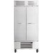 A stainless steel Beverage-Air reach-in freezer with two solid doors.