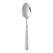 A Fortessa stainless steel oval bowl soup/dessert spoon with a long handle.