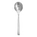 A Fortessa Spada stainless steel bouillon spoon with a white background.