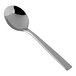 A Fortessa Spada stainless steel bouillon spoon with a black handle.